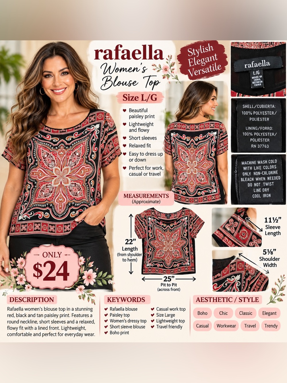 Rafaella Black and Red Paisley Short Sleeve Blouse